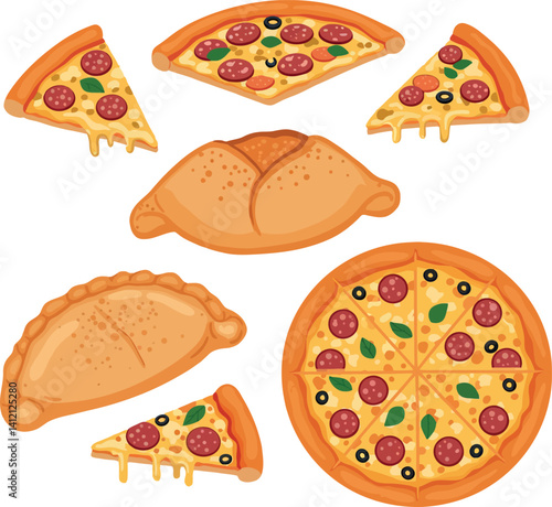 Assorted pizza slices and calzones in flat style with melted cheese and toppings vector illustration