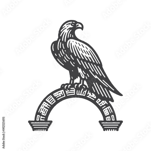 Simple Golden Eagle Perched on Arch Vector Design – Vintage Logo & Retro Illustration