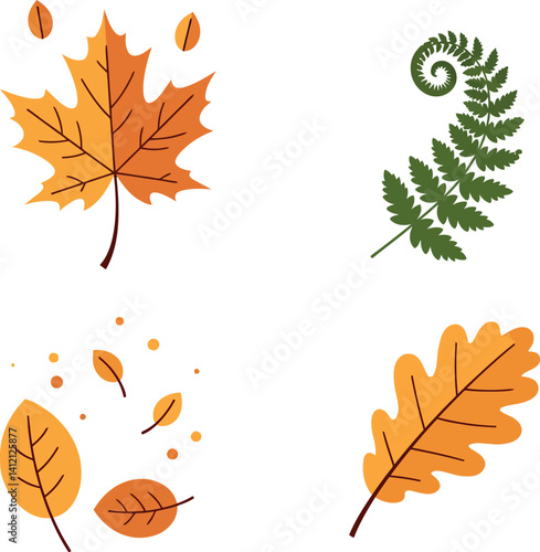 Autumn leaves and green fern collection in minimal flat style vector illustration