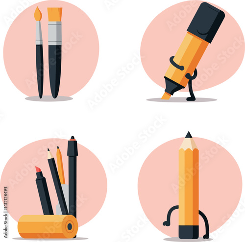 Art supplies with brushes pencils and markers in flat minimal style creative vector illustration