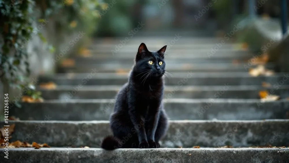 Black cat sitting on the concrete stairs.