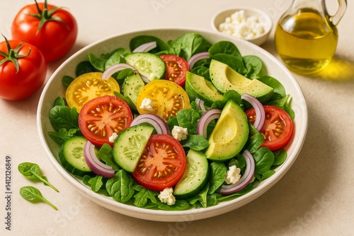 Fresh Salad With Tomatoes, Cucumbers, and Spinach Served With Olive Oil and C...