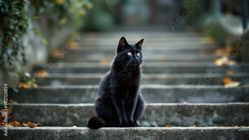 Obraz na płótnie Black cat sitting on the concrete stairs. w salonie