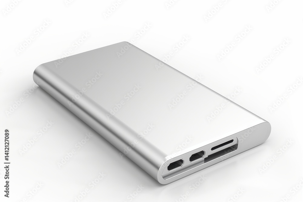 Sleek silver portable charger resting on a clean surface in a modern workspace setting isolated on transparent background Sleek silver portable charger resting on a clean surface in a modern workspace setting isolated on transparent background