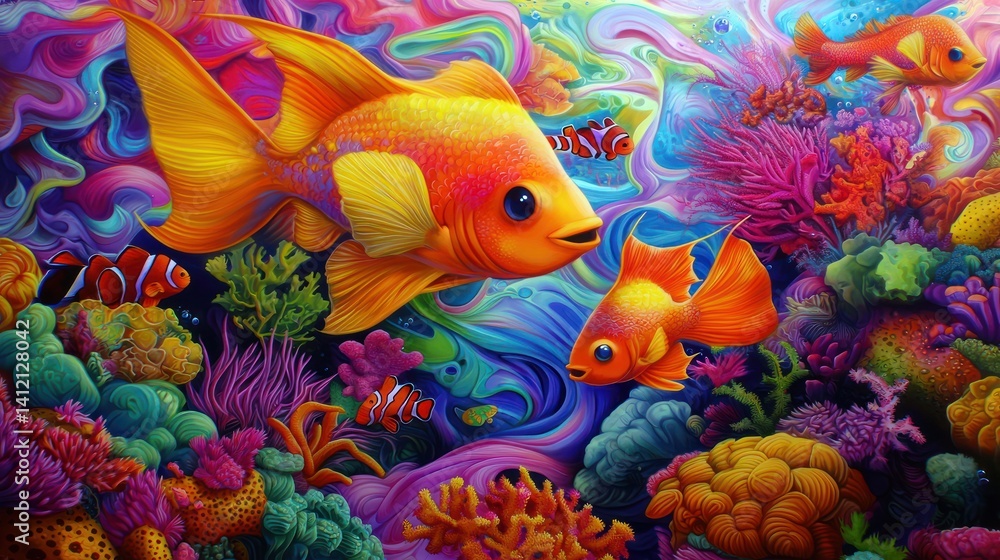 Fototapeta premium Vibrant coral reef fish swimming, colorful underwater scene