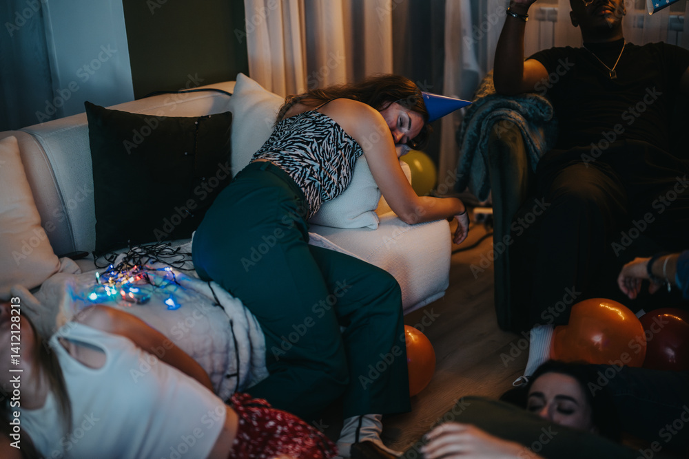 Individuals relaxing on couches and floor among party remnants, showcasing a natural post-event vibe with balloons and decorations indicative of a vibrant celebration.