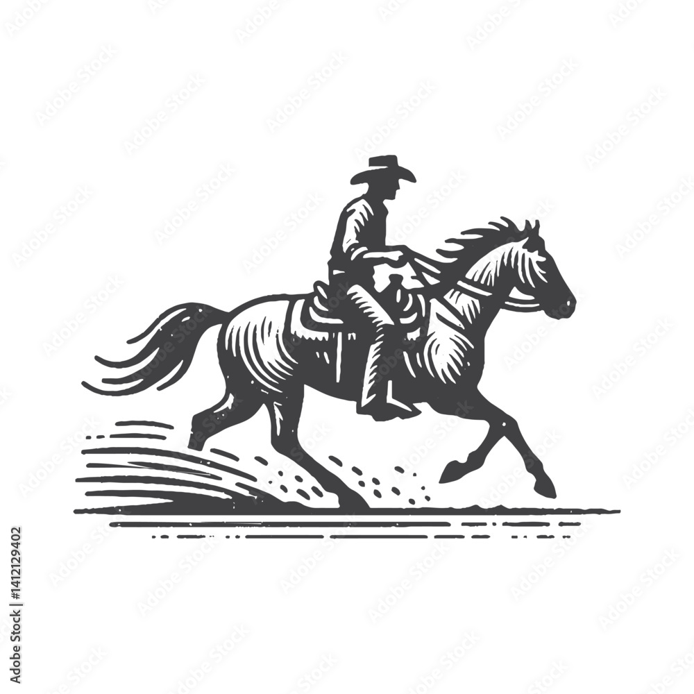 Fototapeta premium Simple Cowboy Riding Horse Vector Design – Vintage Logo & Retro Illustration