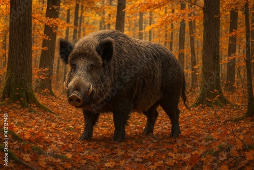 Wild Boar Walks Through a Forest of Autumn Leaves in the Early Morning Light