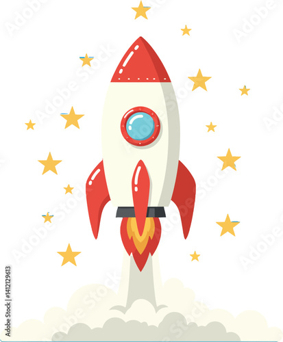 Red and white cartoon rocket launching with stars around in flat minimal style vector illustration