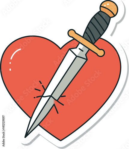 Red heart pierced by silver dagger with black handle minimal flat vector illustration