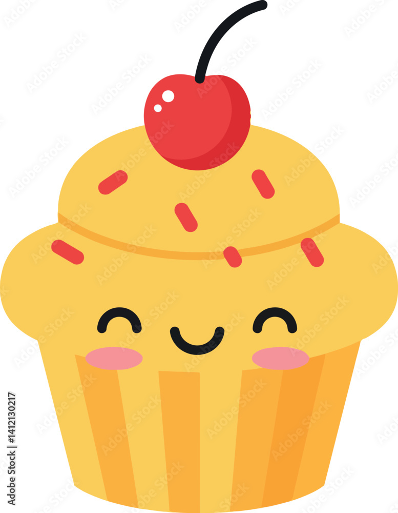 Cute happy cupcake with cherry and sprinkles in flat minimal style vector illustration Cute happy cupcake with cherry and sprinkles in flat minimal style vector illustration