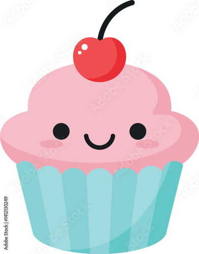 Cute smiling cupcake with pink frosting and cherry on top in flat design vector illustration