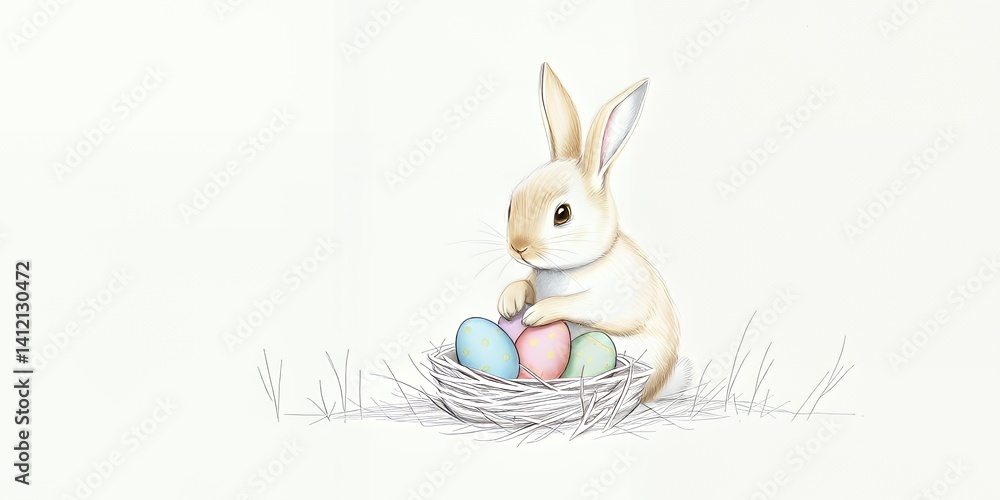 Fototapeta premium Playful Rabbit with Pastel Easter Eggs Nestled on Its Head Against a Soft Green Background