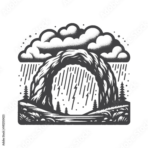 Simple Natural Arch with Storm Clouds Vector Design – Vintage Logo & Retro Illustration