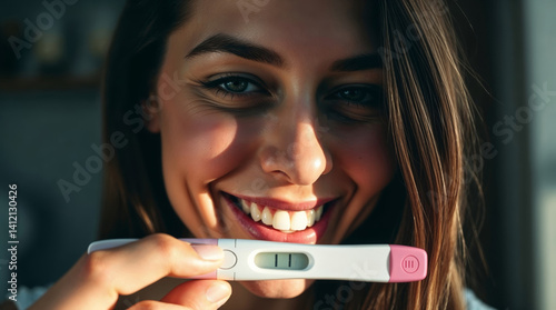 Generative AI. Woman joyful surprised expression, holding a positive pregnancy test. 