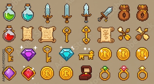 Pixel Art Collection of Fantasy Items for RPG Game Assets