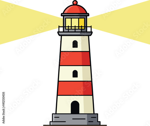 Red and white striped lighthouse with glowing lights and stone base flat design vector art