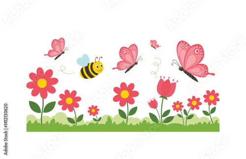 Colorful butterflies flower garden lights up bright garden playful bees explore delicate petals in bloom