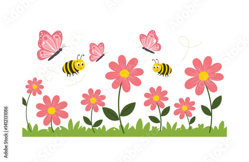 Bright garden alive with playful bees graceful butterflies flower blossoms sway in gentle morning breeze