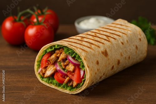 Freshly Made Wrap Filled With Grilled Meat, Vegetables, and Sauce on Wooden T...