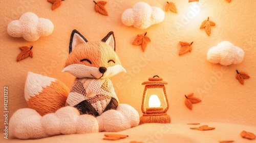 A cozy scene featuring a cute fox figurine sitting on soft clouds, illuminated by a lantern, surrounded by autumn leaves.