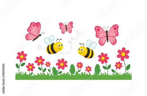 Warm sunlight caresses bright garden playful bees hover near dazzling butterflies flower blossoms in bloom