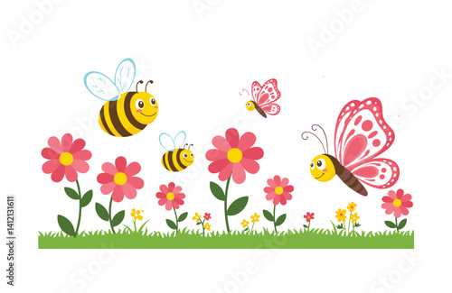 Butterflies flower scents drift through bright garden playful bees buzz past clusters of glowing blooms