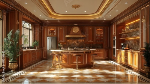 Wallpaper Mural Luxurious, sun-drenched kitchen with rich, wooden cabinetry, highlighted by gold accents and a central island.  Sophisticated design with a grand feel Torontodigital.ca