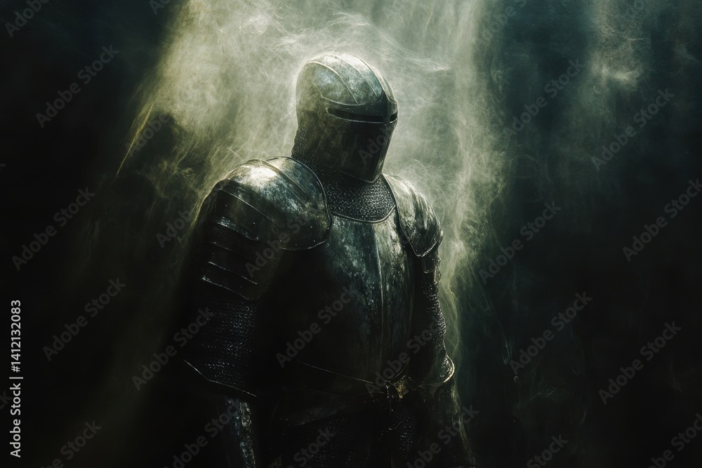 Knight in shining armor stands in misty environment with dramatic lighting Knight in shining armor stands in misty environment with dramatic lighting