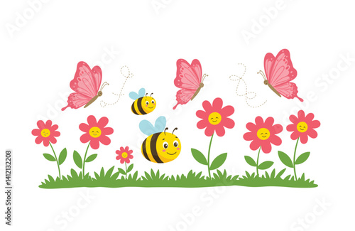 Whispering breeze sways butterflies flower petals playful bees hum happily in bright garden full of charm