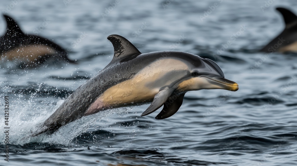 Obraz premium Jumping Dolphin in Ocean, Pods in Background