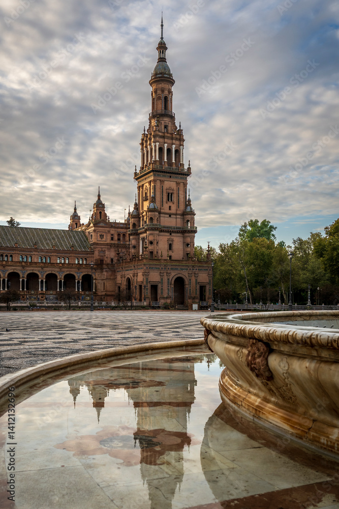 Reflections at the Plaza de Espana, Seville, Andalusia, Spain, at sunrise Reflections at the Plaza de Espana, Seville, Andalusia, Spain, at sunrise