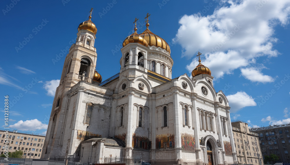 Obraz premium Golden domes catch sunlight over the stunning Orthodox Cathedral in Moscow, surrounded by vivid blue skies and fluffy white clouds