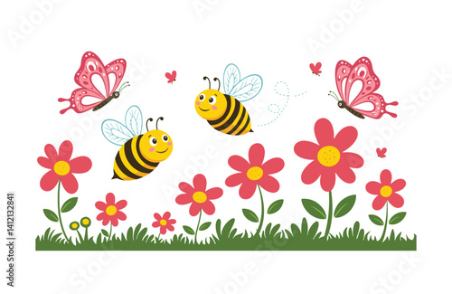 Playful bees dance around bright garden filled with colorful butterflies flower petals sway under warm sunshine