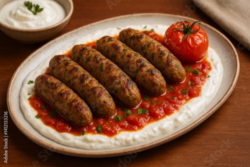 Grilled Sausage Skewers Served With Creamy Sauce and Fresh Tomato on a Wooden...