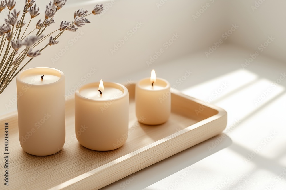 custom made wallpaper toronto digitalHand-poured candles on simple wooden tray with sunlight and lavender