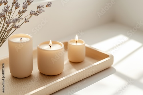 Wallpaper Mural Hand-poured candles on simple wooden tray with sunlight and lavender Torontodigital.ca