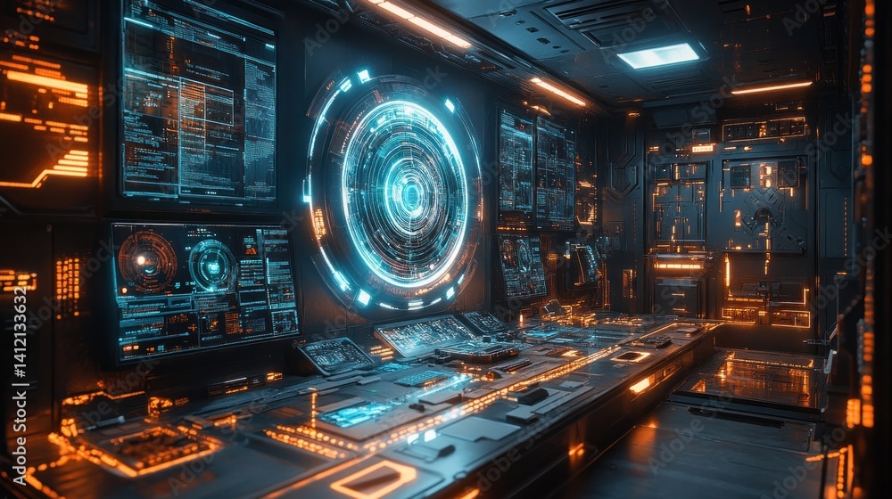 Obraz premium Futuristic Control Room: Neon Lights Illuminate Advanced Technology Interface