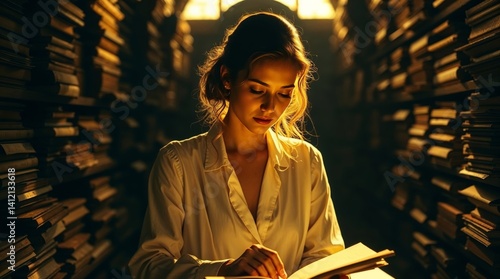 Generative AI.  archivist works alone in a dimly lit archive room, surrounded by stacks of ancient documents and deep shadows.