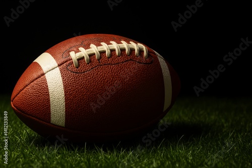Classic Football Resting on Grassy Surface in Dim Light Showcasing Its Textur...