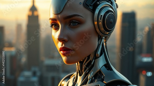 Generative AI.  High-resolution photorealistic stock image High-angle perspective of a lifelike android woman with human-like skin and robotic elements in a futuristic city. 