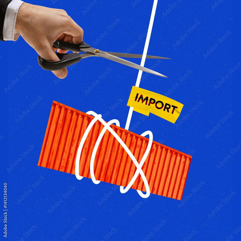 Hand cuts import tag from container tangled in white line. Trade barriers and impact of economic sanctions on international logistics. Concept of trading, economic pressure, customs and regulation