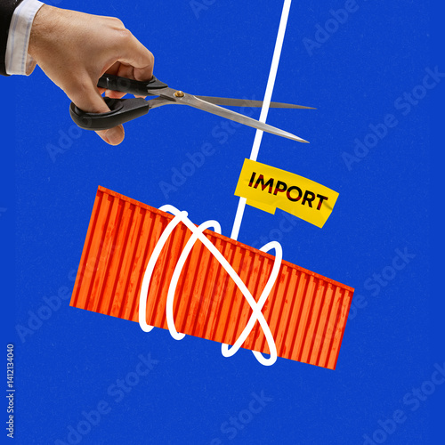 Obraz na płótnie Hand cuts import tag from container tangled in white line. Trade barriers and impact of economic sanctions on international logistics. Concept of trading, economic pressure, customs and regulation w salonie