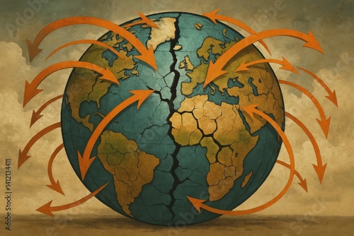 Globe With Cracks and Arrows Indicating Movement Across Continents