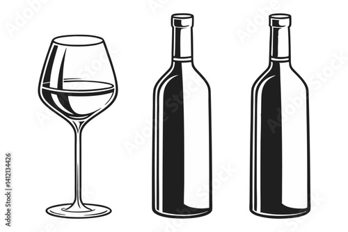Black and White Wine Glass and Bottles Illustration