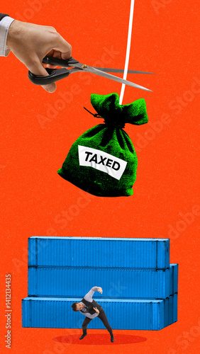Hand cuts string holding taxed money bag over businessman, portraying impact of fiscal pressure and unstable tax policy in foreign commerce. Concept of trading, economy, customs and regulation