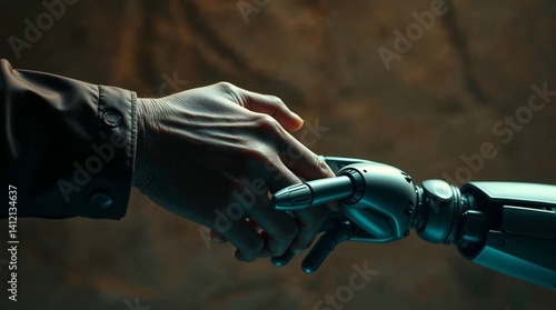 Generative AI. A realistic human hand shakes a highly detailed robotic hand. 
