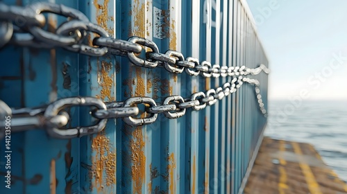 Close up view of a metal chain tightly wrapped around a large shipping container representing the constraints and security measures in the logistics and transportation industry