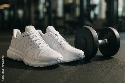 Clean White Sneakers and a Dumbbell Set on a Gym Floor Ready for a Workout Se...