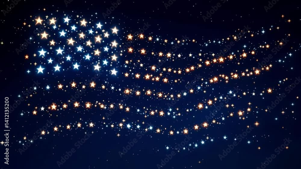 Floating red, white, and blue glowing stars shift gently to American Flag against dark starry background in slow shimmering patriotic motion